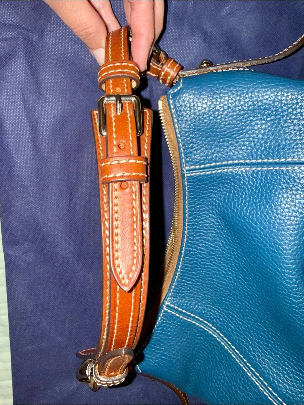 Dooney & Bourke Pebble Grain Leather Hobo Handbag - Color: Blue/British Tan Trim